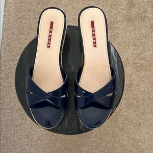Vintage Women’s Prada Dark Navy Patent Platform Wedge Cork Slide Heels-Size 6